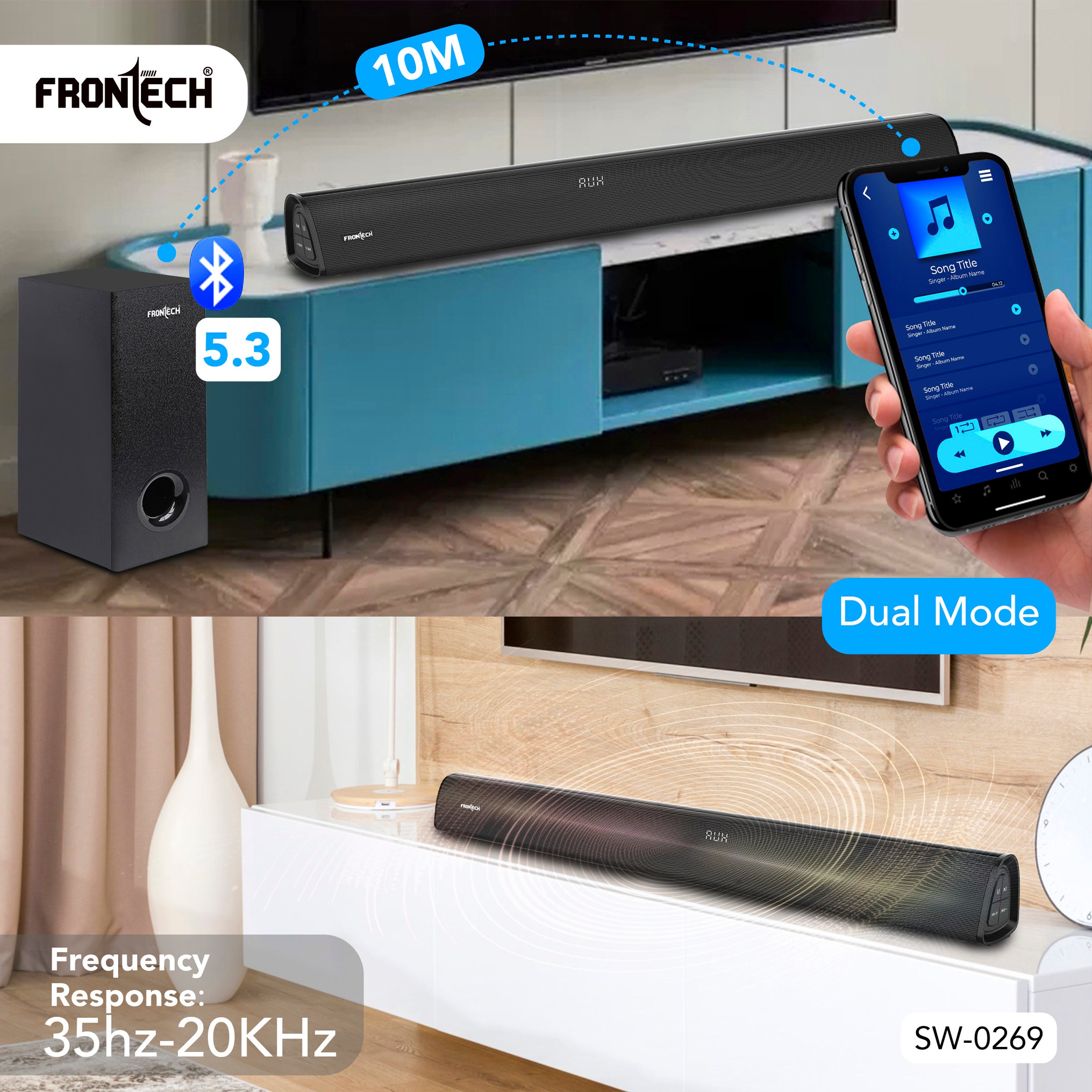Frontech EchoMax-269 2.1 Channel Soundbar | Bluetooth 5.3 | Wireless Connectivity | 200W | Powerful Bass (SW-0269) Frontech EchoMax-269 2.1 Channel Soundbar | Bluetooth 5.3 | Wireless Connectivity | 200W | Powerful Bass (SW-0269)
